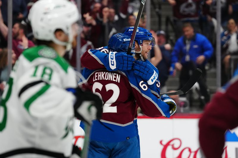 May 17, 2024; Denver, Colorado, USA; Colorado Avalanche right wing Mikko Rantanen (96) celebrates his goal with and left wing Artturi Lehkonen (62) in the second period against the Dallas Stars in game six of the second round of the 2024 Stanley Cup Playoffs at Ball Arena. Mandatory Credit: Ron Chenoy-USA TODAY Sports