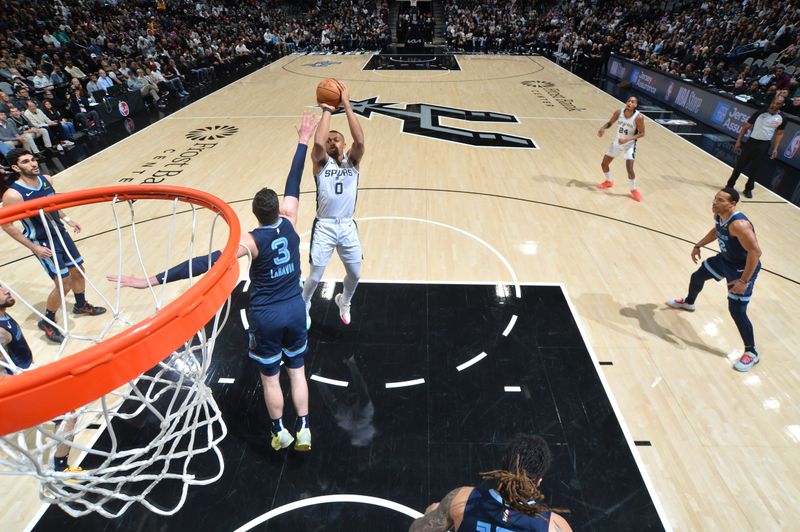 SAN ANTONIO, TX - JANUARY 17: Keldon Johnson #0 of the San Antonio Spurs shoots the ball during the game against the Memphis Grizzlies on January 17, 2025 at the Frost Bank Center in San Antonio, Texas. NOTE TO USER: User expressly acknowledges and agrees that, by downloading and or using this photograph, user is consenting to the terms and conditions of the Getty Images License Agreement. Mandatory Copyright Notice: Copyright 2025 NBAE (Photos by Michael Gonzales/NBAE via Getty Images)