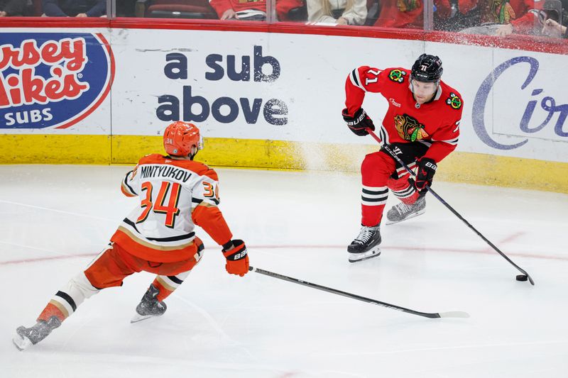 Nov 19, 2024; Chicago, Illinois, USA; Chicago Blackhawks left wing Taylor Hall (71) looks to shoot against Anaheim Ducks defenseman Pavel Mintyukov (34) during the third period at United Center. Mandatory Credit: Kamil Krzaczynski-Imagn Images