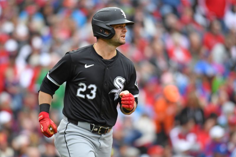 Apr 21, 2024; Philadelphia, Pennsylvania, USA; Chicago White Sox outfielder Andrew Benintendi (23) against the Philadelphia Phillies at Citizens Bank Park. Mandatory Credit: Eric Hartline-USA TODAY Sports