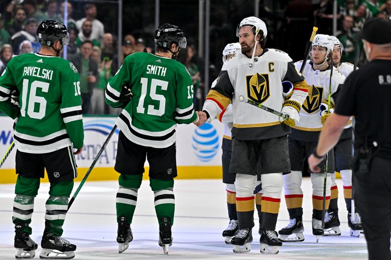 May 5, 2024; Dallas, Texas, USA; Dallas Stars center Craig Smith (15) shakes hands with Vegas Golden Knights right wing Mark Stone (61) after the Stars defeat the Golden Knights in game seven of the first round of the 2024 Stanley Cup Playoffs at American Airlines Center. Mandatory Credit: Jerome Miron-USA TODAY Sports