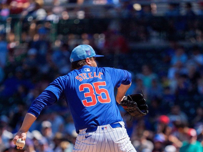 Mar 22, 2024; Mesa, Arizona, USA; Chicago Cubs starting pitcher Justin Steele (35) on the mound in the second inning during a spring training game against the San Francisco Giants at Sloan Park. Mandatory Credit: Allan Henry-USA TODAY Sports