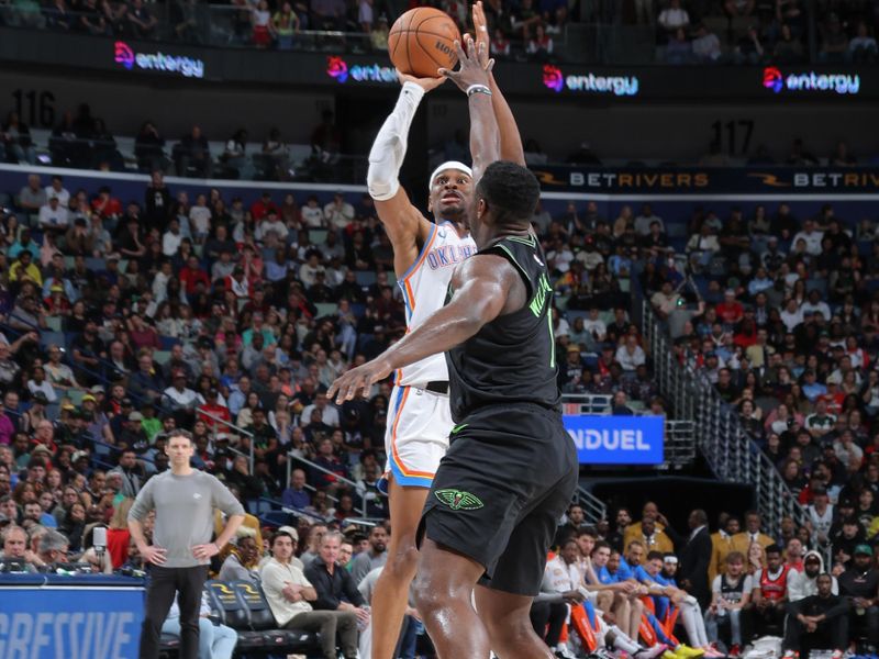 NEW ORLEANS, LA - MARCH 26: Zion Williamson #1 of the New Orleans Pelicans plays defense during the game  against Shai Gilgeous-Alexander #2 of the Oklahoma City Thunder on March 26, 2024 at the Smoothie King Center in New Orleans, Louisiana. NOTE TO USER: User expressly acknowledges and agrees that, by downloading and or using this Photograph, user is consenting to the terms and conditions of the Getty Images License Agreement. Mandatory Copyright Notice: Copyright 2024 NBAE (Photo by Jonathan Bachman/NBAE via Getty Images)