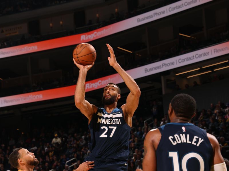 SAN FRANCISCO, CA - DECEMBER 8: Rudy Gobert #27 of the Minnesota Timberwolves shoots the ball during the game against the Golden State Warriors on October 22, 2024 at Chase Center in San Francisco, California. NOTE TO USER: User expressly acknowledges and agrees that, by downloading and or using this photograph, user is consenting to the terms and conditions of Getty Images License Agreement. Mandatory Copyright Notice: Copyright 2024 NBAE (Photo by Jed Jacobsohn/NBAE via Getty Images)