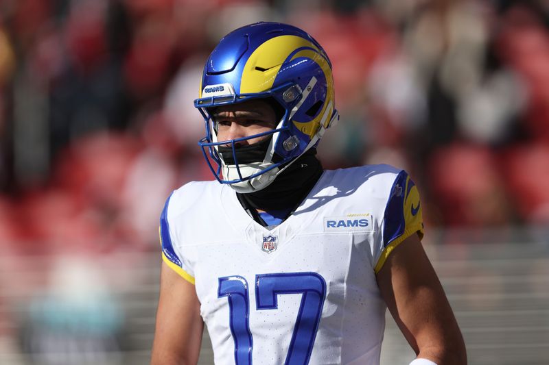 Los Angeles Rams wide receiver Puka Nacua warms up before an NFL football game against the San Francisco 49ers in Santa Clara, Calif., Sunday, Jan. 7, 2024. (AP Photo/Jed Jacobsohn)