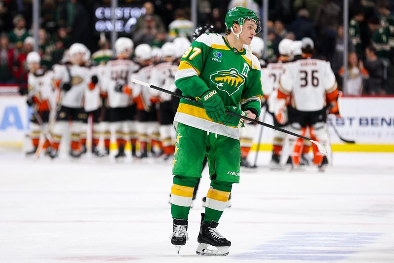 Jan 27, 2024; Saint Paul, Minnesota, USA; Minnesota Wild left wing Kirill Kaprizov (97) reacts after the loss against the Anaheim Ducks after the game at Xcel Energy Center. Mandatory Credit: Matt Krohn-USA TODAY Sports