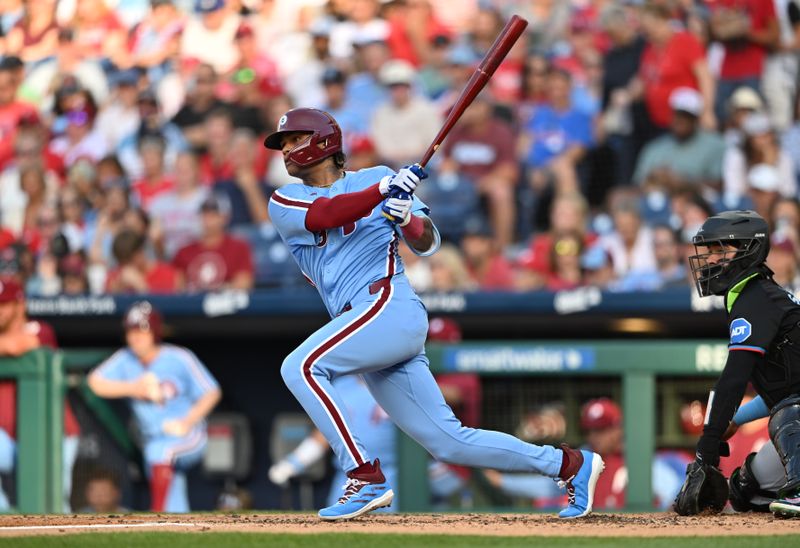 Jun 27, 2024; Philadelphia, Pennsylvania, USA; Philadelphia Phillies outfielder Cristian Pache (19) hits a single against the Miami Marlins in the second inning at Citizens Bank Park. Mandatory Credit: Kyle Ross-USA TODAY Sports