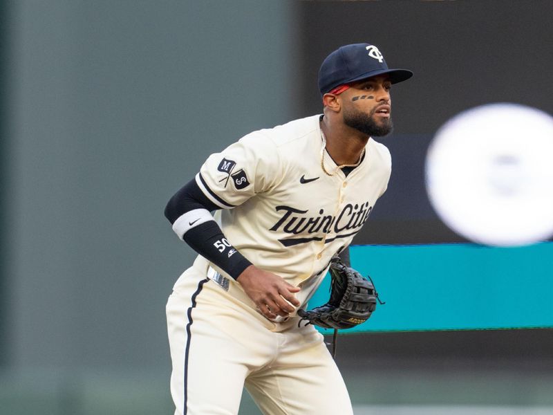 Apr 23, 2024; Minneapolis, Minnesota, USA; Minnesota Twins shortstop Willi Castro (50) prepares for the play in the first inning against the Chicago White Sox at Target Field. Mandatory Credit: Matt Blewett-USA TODAY Sports