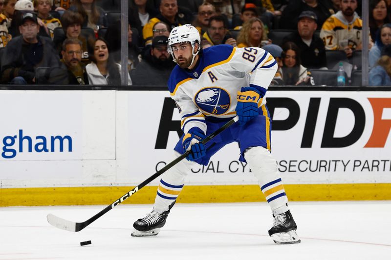 Oct 11, 2025; Boston, Massachusetts, USA; Buffalo Sabres right wing Alex Tuch (89) moves in on goal against the Boston Bruins during the second period at TD Garden. Mandatory Credit: Winslow Townson-Imagn Images