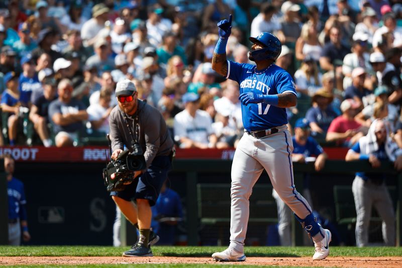 Aug 27, 2023; Seattle, Washington, USA; Kansas City Royals designated hitter Nelson Velazquez (17) celebrates while running the bases after hitting a two-run home run against the Seattle Mariners during the eighth inning at T-Mobile Park. Mandatory Credit: Joe Nicholson-USA TODAY Sports