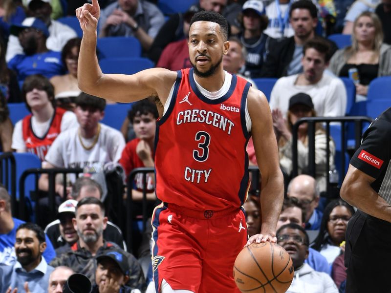 ORLANDO, FL - MARCH 21: CJ McCollum #3 of the New Orleans Pelicans dribbles the ball during the game against the Orlando Magic on March 21, 2024 at Amway Center in Orlando, Florida. NOTE TO USER: User expressly acknowledges and agrees that, by downloading and or using this photograph, User is consenting to the terms and conditions of the Getty Images License Agreement. Mandatory Copyright Notice: Copyright 2024 NBAE (Photo by Fernando Medina/NBAE via Getty Images)