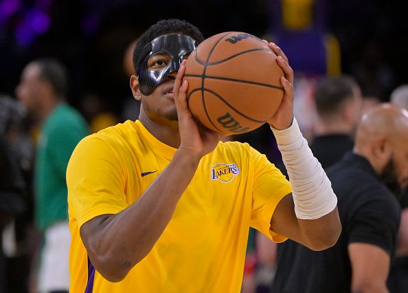 LOS ANGELES, CALIFORNIA - DECEMBER 25: Rui Hachimura #28 of the Los Angeles Lakers warms up prior to the game against the Boston Celtics at Crypto.com Arena on December 25, 2023 in Los Angeles, California. NOTE TO USER: User expressly acknowledges and agrees that, by downloading and or using this photograph, User is consenting to the terms and conditions of the Getty Images License Agreement.(Photo by Jayne Kamin-Oncea/Getty Images)