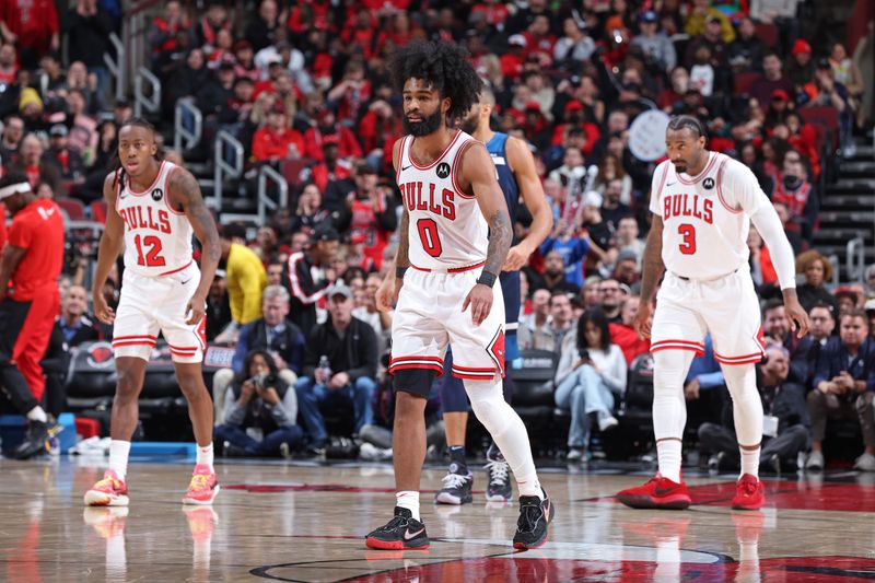 CHICAGO, IL - FEBRUARY 6: Coby White #0 of the Chicago Bulls plays defense during the game against the Minnesota Timberwolves on February 6, 2024 at United Center in Chicago, Illinois. NOTE TO USER: User expressly acknowledges and agrees that, by downloading and or using this photograph, User is consenting to the terms and conditions of the Getty Images License Agreement. Mandatory Copyright Notice: Copyright 2024 NBAE (Photo by Jeff Haynes/NBAE via Getty Images)