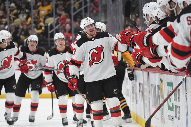 Nov 16, 2023; Pittsburgh, Pennsylvania, USA; New Jersey Devils center Tyler Toffoli (73) celebrates a goal  against the Pittsburgh Penguins during the third period at PPG Paints Arena. Mandatory Credit: Philip G. Pavely-USA TODAY Sports