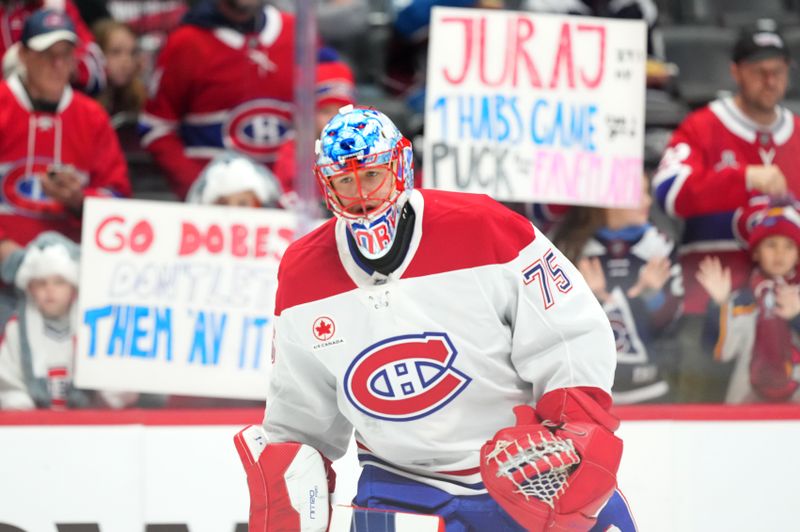 Nov 29, 2025; Denver, Colorado, USA; Montreal Canadiens goaltender Jakub Dobes (75) before the game against the Colorado Avalanche at Ball Arena. Mandatory Credit: Ron Chenoy-Imagn Images