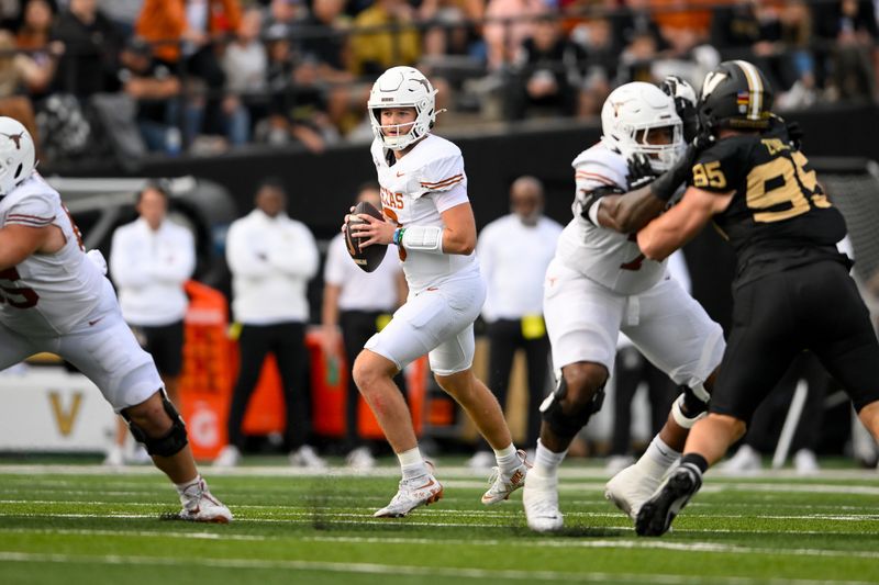 Oct 26, 2024; Nashville, Tennessee, USA; Texas Longhorns quarterback Quinn Ewers (3) stands in the pocket against the Vanderbilt Commodores during the first half at FirstBank Stadium. Mandatory Credit: Steve Roberts-Imagn Images