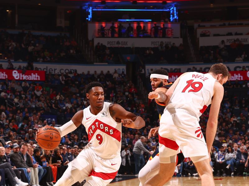 OKLAHOMA CITY, OK - FEBRUARY 4:  RJ Barrett #9 of the Toronto Raptors goes to the basket during the game on February 4, 2024 at Paycom Arena in Oklahoma City, Oklahoma. NOTE TO USER: User expressly acknowledges and agrees that, by downloading and or using this photograph, User is consenting to the terms and conditions of the Getty Images License Agreement. Mandatory Copyright Notice: Copyright 2024 NBAE (Photo by Zach Beeker/NBAE via Getty Images)