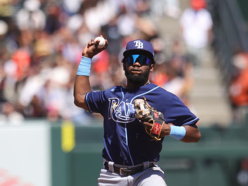 Aug 16, 2023; San Francisco, California, USA; Tampa Bay Rays shortstop Osleivis Basabe (37) throws the ball to first base against the San Francisco Giants during the seventh inning at Oracle Park. Mandatory Credit: Sergio Estrada-USA TODAY Sports