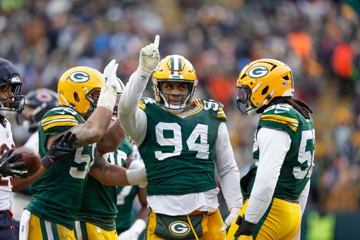 Green Bay Packers defensive end Karl Brooks (94) reacts during an NFL football game against the Chicago Bears Sunday, Jan. 5, 2025, in Green Bay, Wis. (AP Photo/Jeffrey Phelps