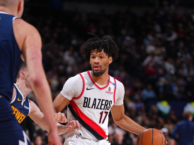 DENVER, CO - FEBRUARY 12:  Shaedon Sharpe #17 of the Portland Trail Blazers dribbles the ball during the game against the Denver Nuggets  on February 12, 2025 at Ball Arena in Denver, Colorado. NOTE TO USER: User expressly acknowledges and agrees that, by downloading and/or using this Photograph, user is consenting to the terms and conditions of the Getty Images License Agreement. Mandatory Copyright Notice: Copyright 2025 NBAE (Photo by Garrett Ellwood/NBAE via Getty Images)