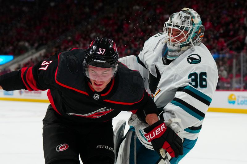 Oct 27, 2023; Raleigh, North Carolina, USA; Carolina Hurricanes right wing Andrei Svechnikov (37) collides with San Jose Sharks goaltender Kaapo Kahkonen (36) during the first period at PNC Arena. Mandatory Credit: James Guillory-USA TODAY Sports