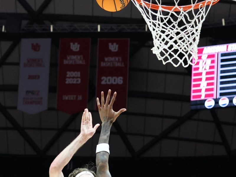 Feb 10, 2024; Salt Lake City, Utah, USA; Utah Utes center Branden Carlson (35) shoots over Arizona State Sun Devils forward Alonzo Gaffney (8) during the second half at Jon M. Huntsman Center. Mandatory Credit: Rob Gray-USA TODAY Sports