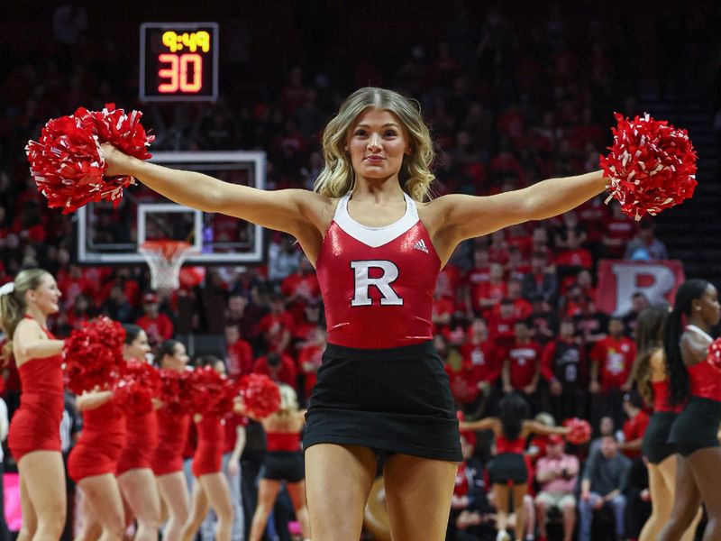 Feb 14, 2023; Piscataway, New Jersey, USA; A member fo rtes Rutgers Scarlet Knights dance team performs during the second half of the game between the Scarlet Knights and the Nebraska Cornhuskers at Jersey Mike's Arena. Mandatory Credit: Vincent Carchietta-USA TODAY Sports