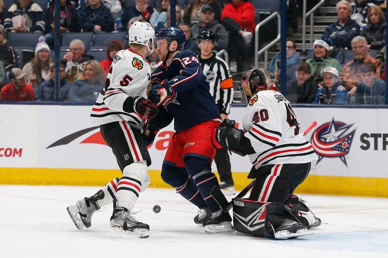 Nov 22, 2023; Columbus, Ohio, USA; Chicago Blackhawks goalie Arvid Soderblom (40) makes a save against the Columbus Blue Jackets during the third period at Nationwide Arena. Mandatory Credit: Russell LaBounty-USA TODAY Sports