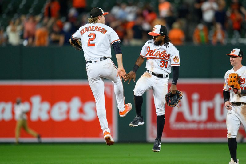 Aug 29, 2023; Baltimore, Maryland, USA; Baltimore Orioles third baseman Gunnar Henderson (2) and center fielder Cedric Mullins (31) celebrate after the game against the Chicago White Sox at Oriole Park at Camden Yards. Mandatory Credit: Reggie Hildred-USA TODAY Sports