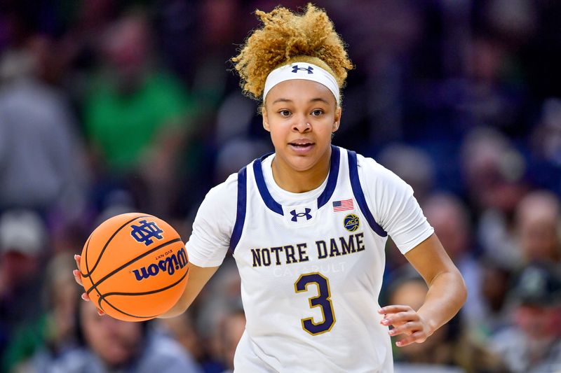 Nov 15, 2023; South Bend, Indiana, USA; Notre Dame Fighting Irish guard Hannah Hidalgo (3) dribbles in the second half against the Northwestern Wildcats at the Purcell Pavilion. Mandatory Credit: Matt Cashore-USA TODAY Sports