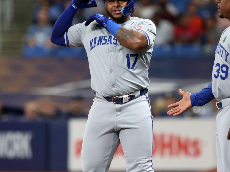 May 24, 2024; St. Petersburg, Florida, USA; Kansas City Royals outfielder Nelson Velazquez (17) reacts to the dugout after he singled against the Tampa Bay Rays during the third inning at Tropicana Field. Mandatory Credit: Kim Klement Neitzel-USA TODAY Sports