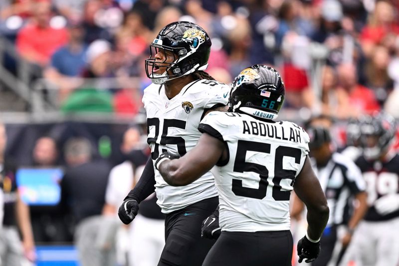 Jacksonville Jaguars defensive tackle Roy Robertson-Harris (95) reacts in the fourth quarter against the Houston Texans during an NFL football game, Sunday, Sept. 29, 2024 in Houston. The Texans defeated the Jaguars 24-20. (AP Photo/Maria Lysaker)