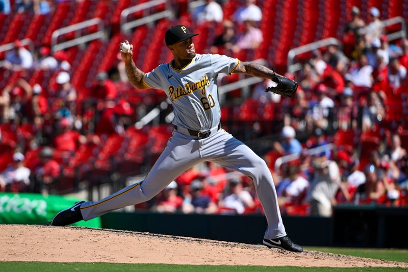 Jun 13, 2024; St. Louis, Missouri, USA;  Pittsburgh Pirates relief pitcher Dennis Santana (60) pitches against the St. Louis Cardinals during the eighth inning at Busch Stadium. Mandatory Credit: Jeff Curry-USA TODAY Sports