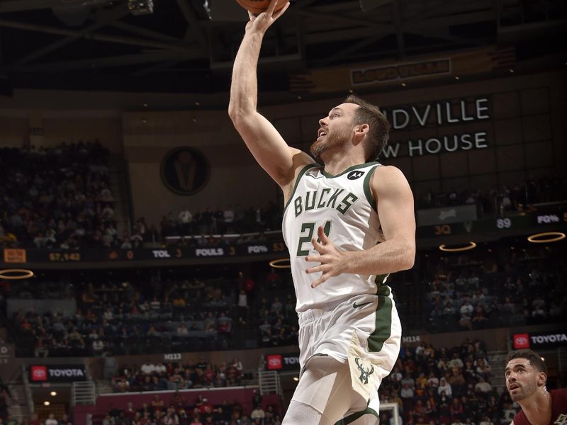 CLEVELAND, OH - NOVEMBER 4: Pat Connaughton #24 of the Milwaukee Bucks shoots the ball during the game against the Cleveland Cavaliers on November 4, 2024 at Rocket Mortgage FieldHouse in Cleveland, Ohio. NOTE TO USER: User expressly acknowledges and agrees that, by downloading and/or using this Photograph, user is consenting to the terms and conditions of the Getty Images License Agreement. Mandatory Copyright Notice: Copyright 2024 NBAE (Photo by David Liam Kyle/NBAE via Getty Images)