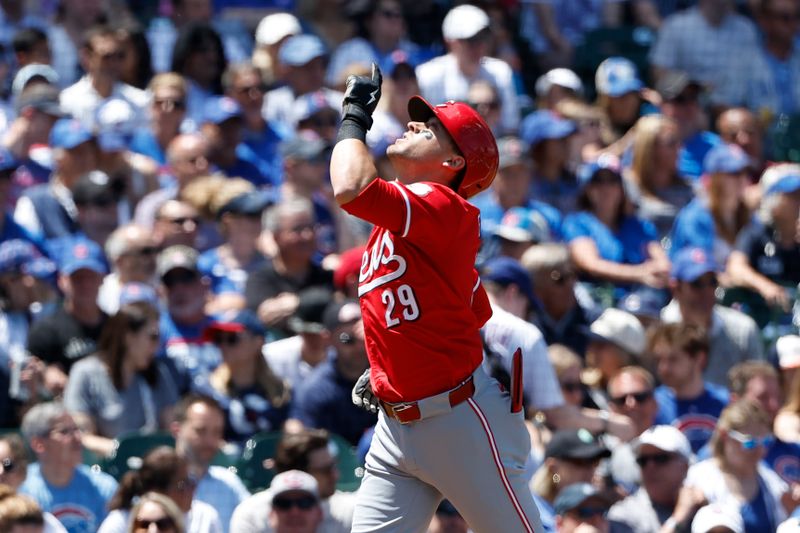 Jun 2, 2024; Chicago, Illinois, USA; 
Cincinnati Reds outfielder TJ Friedl (29) rounds the bases after hitting a three-run home run against the Chicago Cubs during the second inning at Wrigley Field. Mandatory Credit: Kamil Krzaczynski-USA TODAY Sports