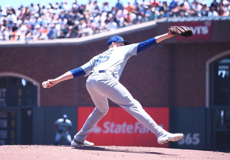 Jun 30, 2024; San Francisco, California, USA; Los Angeles Dodgers starting pitcher James Paxton (65) pitches the ball against the San Francisco Giants during the first inning at Oracle Park. Mandatory Credit: Kelley L Cox-USA TODAY Sports