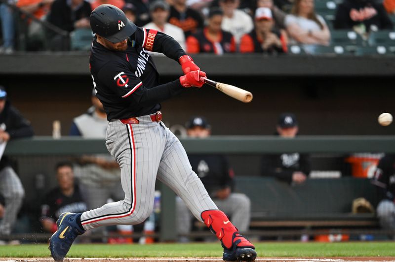 Apr 16, 2024; Baltimore, Maryland, USA;  Minnesota Twins catcher Ryan Jeffers (27) singles during the first inning against the Baltimore Orioles at Oriole Park at Camden Yards. Mandatory Credit: Tommy Gilligan-USA TODAY Sports