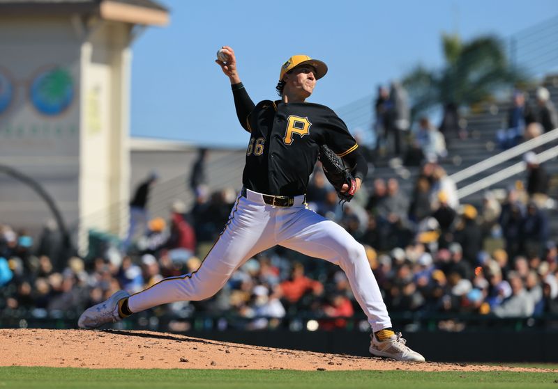 Feb 23, 2026; Bradenton, Florida, USA; Pittsburgh Pirates pitcher Kyle Nicolas (66) throws a pitch during the fourth inning ]against the New York Yankees  at LECOM Park. Mandatory Credit: Kim Klement Neitzel-Imagn Images