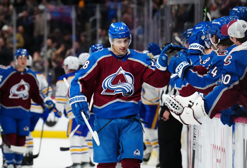 Dec 13, 2023; Denver, Colorado, USA; Colorado Avalanche left wing Miles Wood (28) celebrates his goal in the first period against the Buffalo Sabres at Ball Arena. Mandatory Credit: Ron Chenoy-USA TODAY Sports