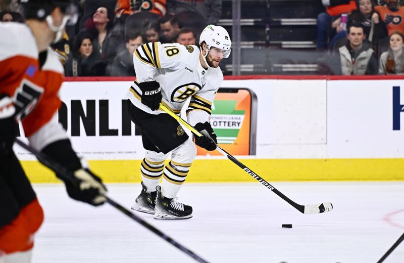 Jan 27, 2024; Philadelphia, Pennsylvania, USA; Boston Bruins center Pavel Zacha (18) controls the puck against the Philadelphia Flyers in the third period at Wells Fargo Center. Mandatory Credit: Kyle Ross-USA TODAY Sports