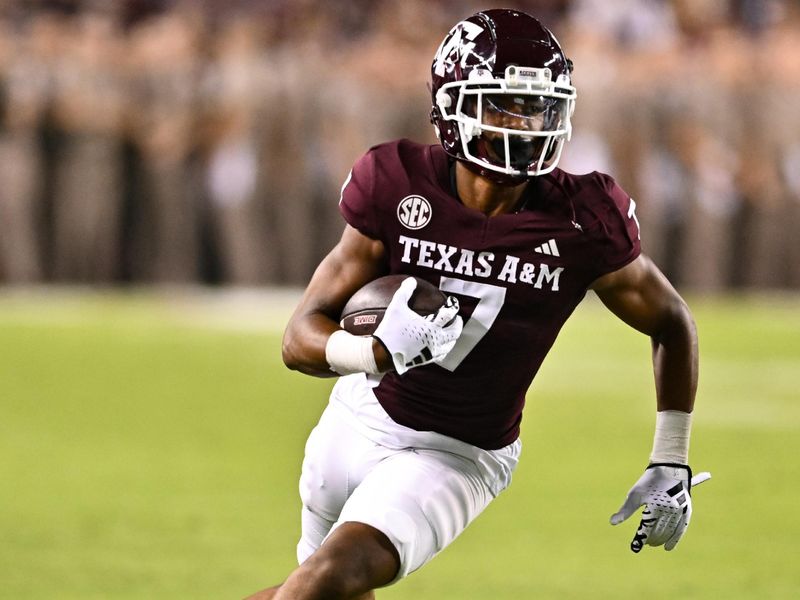 Sep 2, 2023; College Station, Texas, USA; Texas A&M Aggies wide receiver Moose Muhammad III (7) runs the ball during the fourth quarter against New Mexico Lobos at Kyle Field. Mandatory Credit: Maria Lysaker-USA TODAY Sports