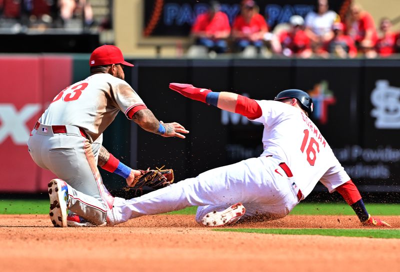 Apr 13, 2025; St. Louis, Missouri, USA; St. Louis Cardinals infielder Nolan Gorman (16) is tagged out by Philadelphia Phillies shortstop Edmundo Sosa (33) as he tries to steal second base in the fourth inning at Busch Stadium. Mandatory Credit: Tim Vizer-Imagn Images