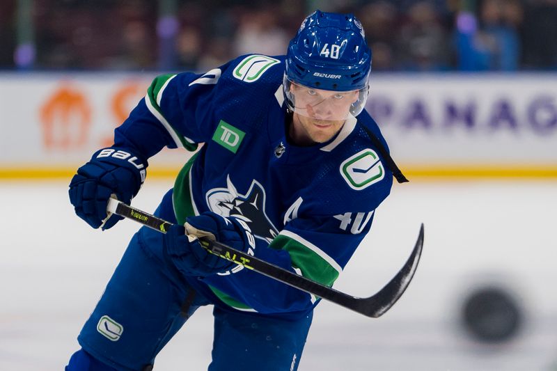 Dec 28, 2023; Vancouver, British Columbia, CAN; Vancouver Canucks forward Elias Pettersson (40) shoots during warm up prior to a game against the Philadelphia Flyers at Rogers Arena.  Mandatory Credit: Bob Frid-USA TODAY Sports