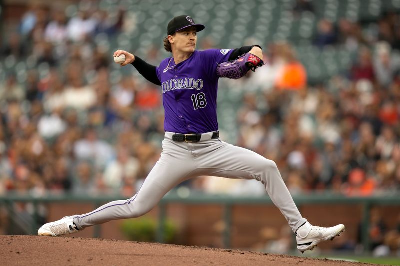 Jul 27, 2024; San Francisco, California, USA; Colorado Rockies starting pitcher Ryan Feltner (18) delivers a pitch against the San Francisco Giants during the second inning at Oracle Park. Mandatory Credit: D. Ross Cameron-USA TODAY Sports