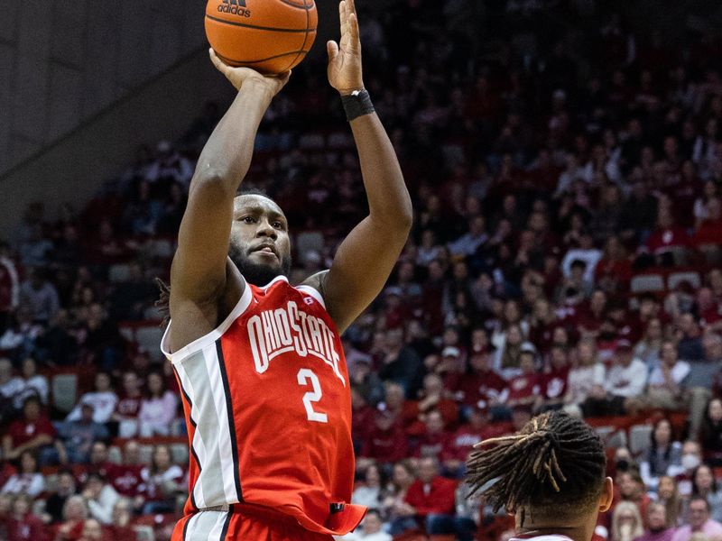 Jan 28, 2023; Bloomington, Indiana, USA; Ohio State Buckeyes guard Bruce Thornton (2) shoots the ball while Indiana Hoosiers forward Malik Reneau (5) defends in the second half  at Simon Skjodt Assembly Hall. Mandatory Credit: Trevor Ruszkowski-USA TODAY Sports