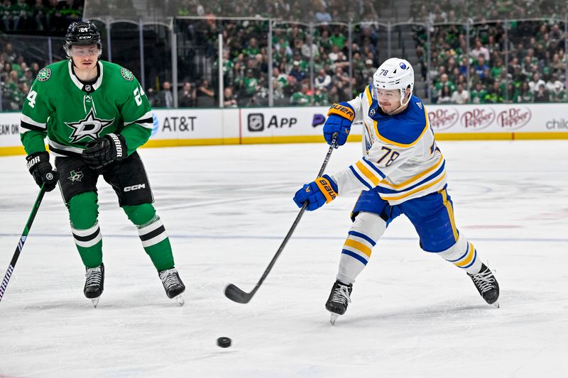 Apr 9, 2024; Dallas, Texas, USA; Buffalo Sabres defenseman Jacob Bryson (78) shoots the puck in the Dallas Stars zone during the third period at the American Airlines Center. Mandatory Credit: Jerome Miron-USA TODAY Sports