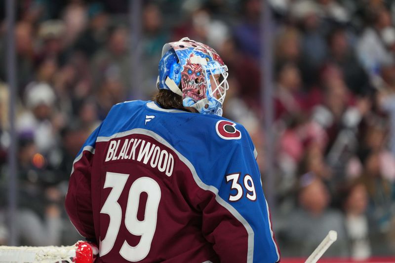 Nov 26, 2025; Denver, Colorado, USA; Colorado Avalanche goaltender Mackenzie Blackwood (39) during the third period against the San Jose Sharks at Ball Arena. Mandatory Credit: Ron Chenoy-Imagn Images