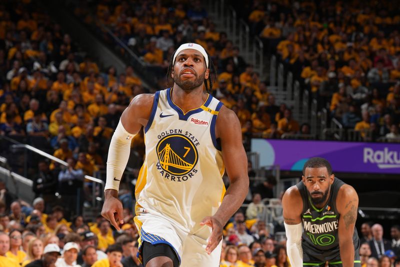 SAN FRANCISCO, CA - MAY 10: Buddy Hield #7 of the Golden State Warriors looks on during the game aMinnesota Timberwolves  during Round 2 Game 3 on May 10, 2025 at Chase Center in San Francisco, California. NOTE TO USER: User expressly acknowledges and agrees that, by downloading and or using this photograph, user is consenting to the terms and conditions of Getty Images License Agreement. Mandatory Copyright Notice: Copyright 2025 NBAE (Photo by Jesse D. Garrabrant/NBAE via Getty Images)