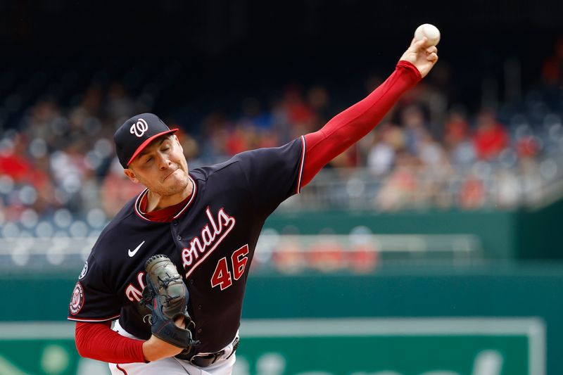 Jul 9, 2023; Washington, District of Columbia, USA; Washington Nationals starting pitcher Patrick Corbin (46) pitches against the Texas Rangers during the first inning at Nationals Park. Mandatory Credit: Geoff Burke-USA TODAY Sports