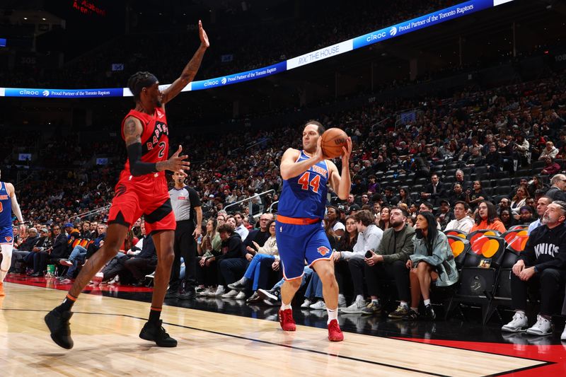 TORONTO, CANADA - MARCH 27: Bojan Bogdanovic #44 of the New York Knicks handles the ball during the game against the Toronto Raptors on March 27, 2024 at the Scotiabank Arena in Toronto, Ontario, Canada.  NOTE TO USER: User expressly acknowledges and agrees that, by downloading and or using this Photograph, user is consenting to the terms and conditions of the Getty Images License Agreement.  Mandatory Copyright Notice: Copyright 2024 NBAE (Photo by Vaughn Ridley/NBAE via Getty Images)